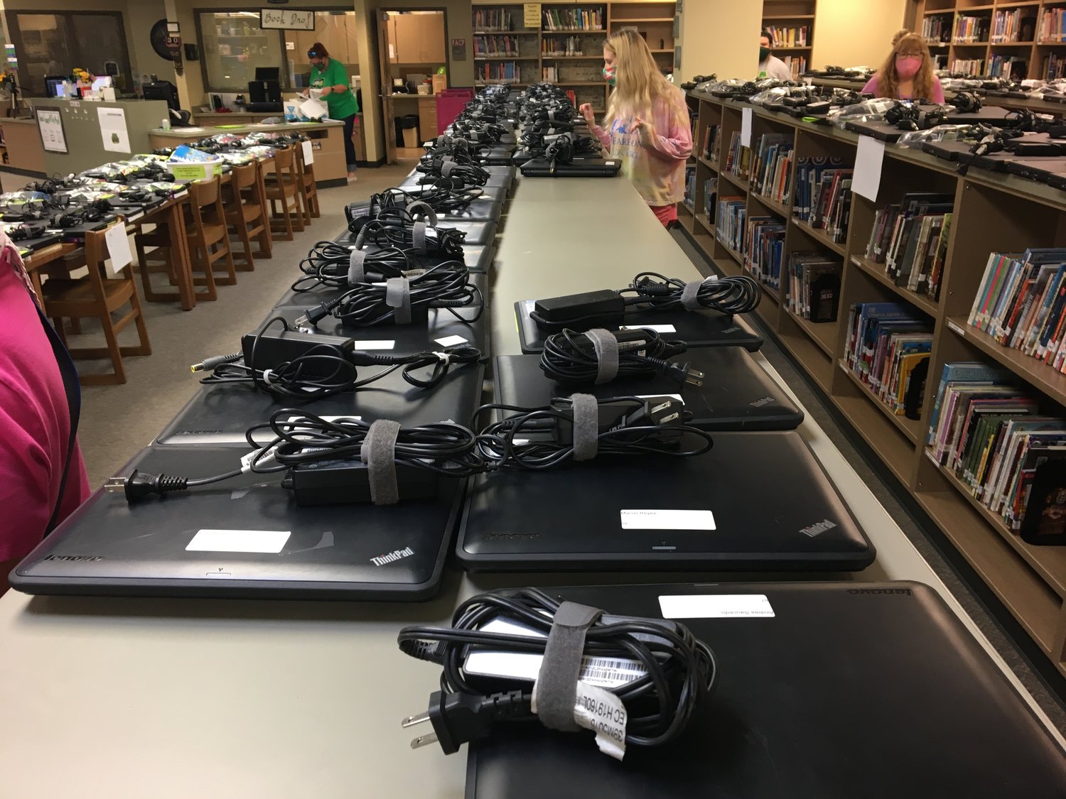 Chromebooks set aside to be distributed to parents. Over 35,000 devices were lent to parents in the device pickups according to Katy ISD staff.